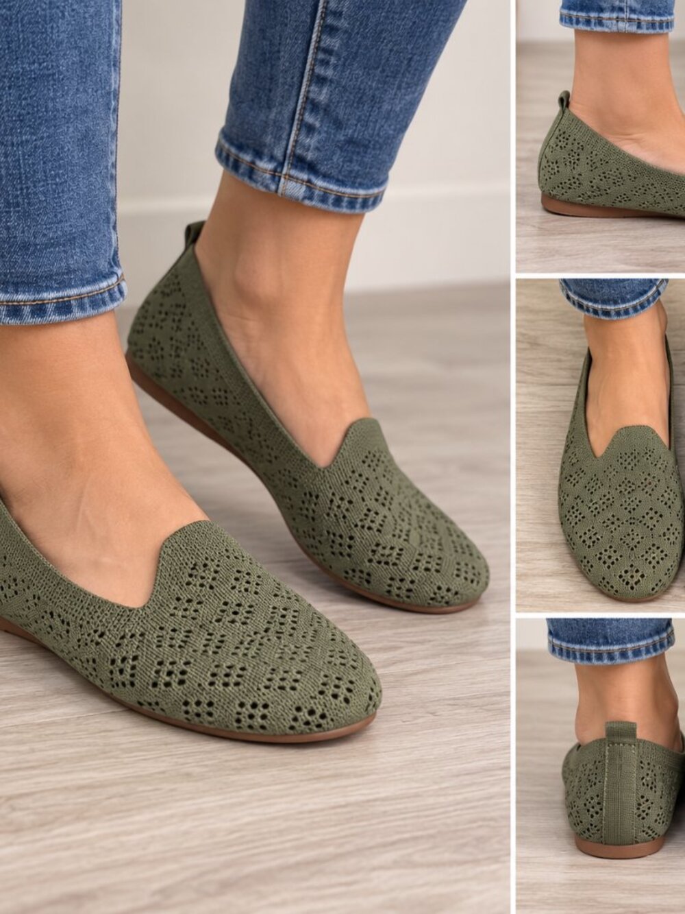 Olive Green Crochet Knit V-Cut Ballet Flats Slip-On Shoes EU 44
